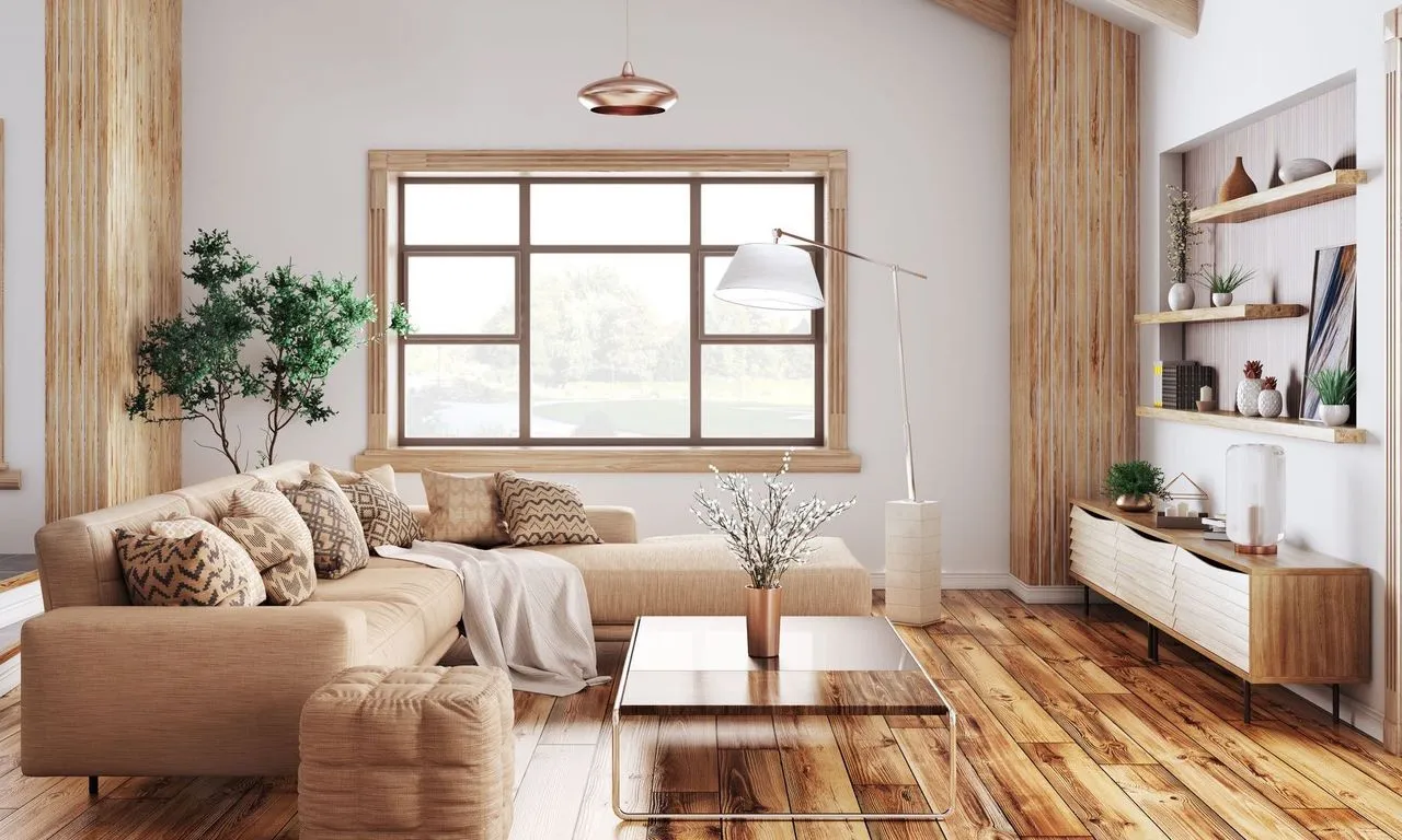 Wohnraum mit Holzverkleidung, Holzfenster und Einbauregalen